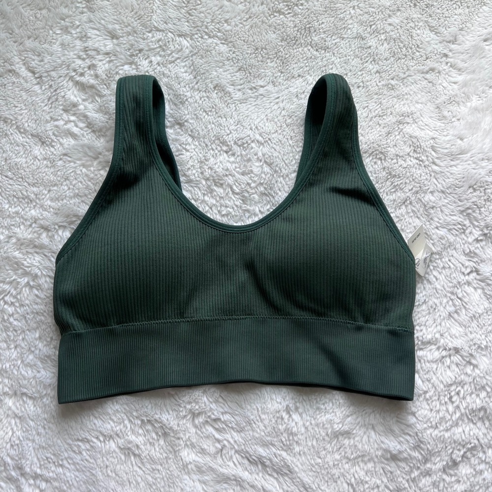Aerie Real Good Ribbed Seamless Bralette Forest Green 069-2693-3241 Large NEW